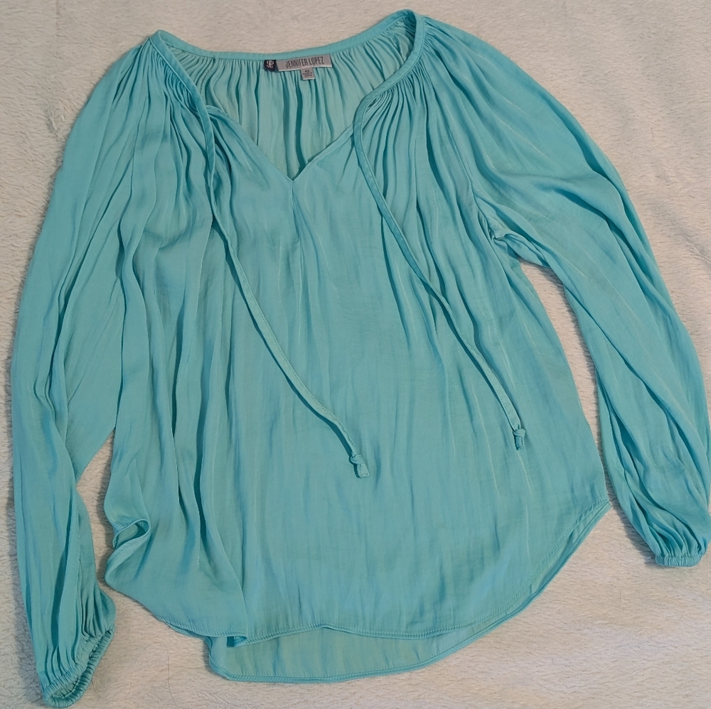Jennifer Lopez Aqua Blue Beach Blouse with Drawstring